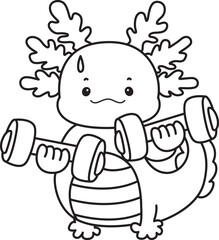 Outline of Illustration of cute axolotl activities icon.
Lineart of Funny pink axolotl in daily routine stickers.
