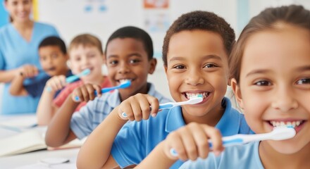 Smiling Children Brushing Teeth Together in a Classroom Setting