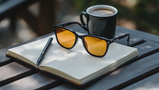 Outdoor workspace with sunglasses, coffee, and notebook