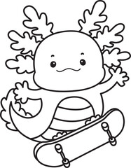 Outline of Illustration of cute axolotl activities icon.
Lineart of Funny pink axolotl in daily routine stickers.
