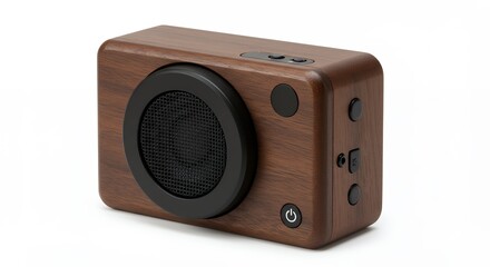 Obraz premium Brown wooden speaker against white background