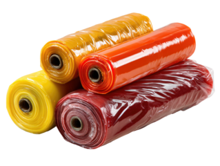 Vibrant Rolls of Plastic: Rolls of transparent plastic in an array of bold colors, showcasing textures and patterns. Each roll appears freshly crafted.