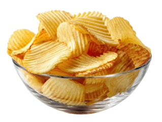 Crispy Delight: Indulge in a mouthwatering close-up of a bowl overflowing with golden, ridged chips, capturing the delectable textures and appetizing snack appeal.