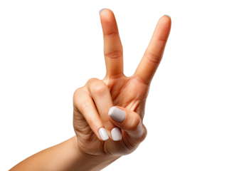 Victory Gesture: A close-up shot of a woman's hand making the peace sign, fingers gracefully extended in a universal symbol of hope and positivity.