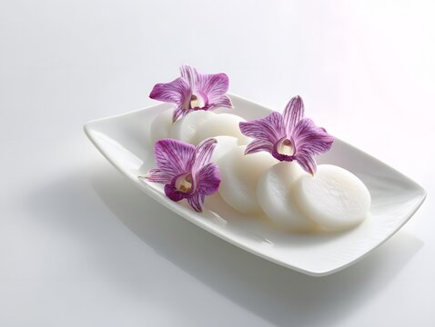 Elegant khanom chan presentation in modern Thai fine dining, adorned with delicate purple orchids on a pristine white plate creating a sophisticated visual treat.