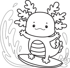 Outline of Illustration of cute axolotl activities icon.
Lineart of Funny pink axolotl in daily routine stickers.
