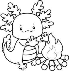Outline of Illustration of cute axolotl activities icon.
Lineart of Funny pink axolotl in daily routine stickers.
