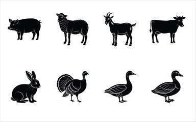 Farm animals silhouette vector set. Goat, sheep, cow, rabbit, duck, goose, turkey, pig illustrations for agriculture designs