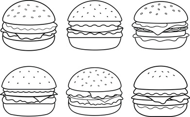 Set of Burger Line Art Black And White Fast Food Illustration

