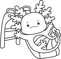 Outline of Illustration of cute axolotl activities icon.
Lineart of Funny pink axolotl in daily routine stickers.
