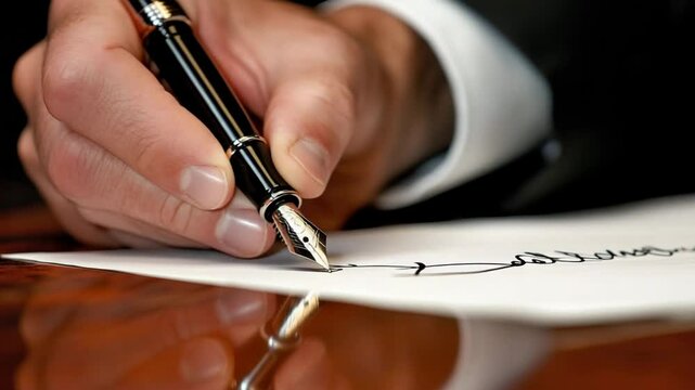 A man is writing with a fountain pen on a piece of paper. Concept of formality and importance, as the man is using a high-quality pen to sign a document