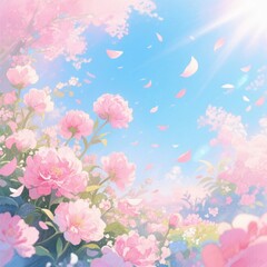 A picturesque scene of pink flowers with petals floating in the air against a bright blue sky