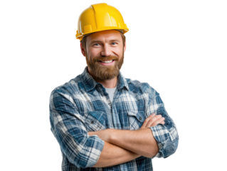 Smiling Construction Worker: A cheerful, bearded construction worker with arms crossed, wearing a yellow hard hat and a plaid shirt, smiles confidently.