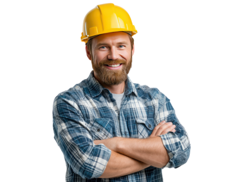Smiling Construction Worker: A cheerful, bearded construction worker with arms crossed, wearing a yellow hard hat and a plaid shirt, smiles confidently.