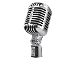 Retro Microphone: A studio-quality microphone gleaming with a silver finish, ready to capture every nuance of a voice, instrument or podcast. An iconic piece of audio equipment.