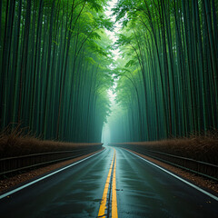 Driving through bamboo forest on a wet road creates moody scene