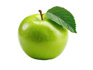 Fresh Green Apple: A close-up studio shot of a ripe, glistening green apple with a vibrant green leaf, showcasing the fruit's natural freshness and health.