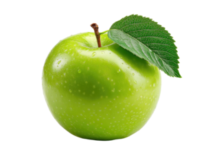 Fresh Green Apple: A close-up studio shot of a ripe, glistening green apple with a vibrant green leaf, showcasing the fruit's natural freshness and health.