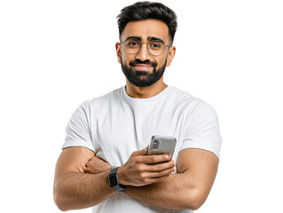 Modern Interaction: A youthful, intellectual man holds his smart phone, embodying the digital age's connectivity, exuding a warm smile that merges approachability and knowledge.