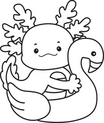 Outline of Illustration of cute axolotl activities icon.
Lineart of Funny pink axolotl in daily routine stickers.
