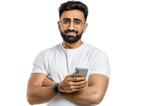 Modern Interaction: A youthful, intellectual man holds his smart phone, embodying the digital age's connectivity, exuding a warm smile that merges approachability and knowledge.