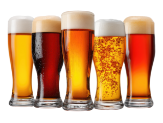 Craft Beer Assortment: A visually captivating display of craft beer glasses, each one showcasing a distinct brew with its unique color, texture, and frothy head.