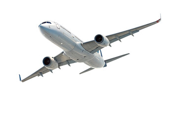 Airplane soaring high in a clear blue sky, isolated PNG with transparent background. Realistic white jet airliner in mid-flight, perfect for travel, aviation, or transportation-themed design.