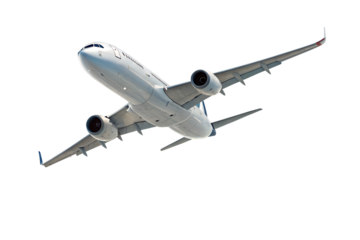 Airplane soaring high in a clear blue sky, isolated PNG with transparent background. Realistic white jet airliner in mid-flight, perfect for travel, aviation, or transportation-themed design.