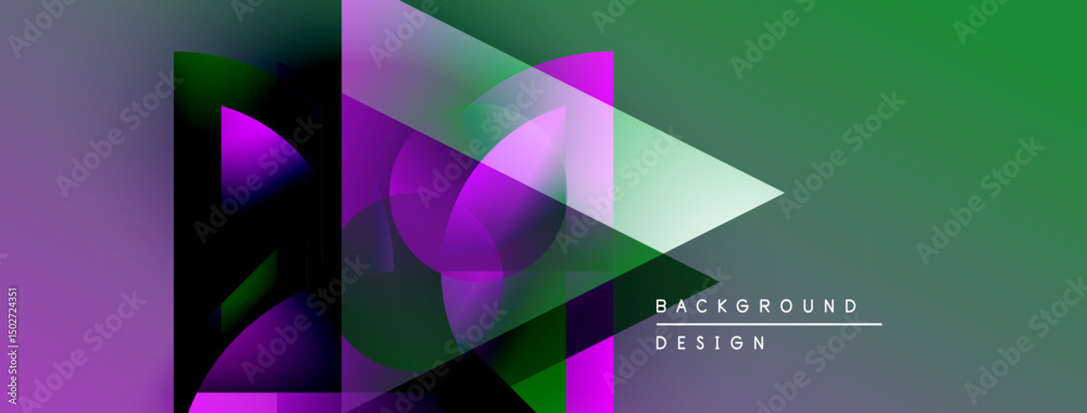 Poster abstract geometric shapes overlap, creating vibrant purple, green gradients. modern design elements 