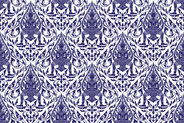 seamless traditional Thai art pattern bold blue colored in damask style motifs suitable for wallpaper, textile, tile, cloth and fabric design isolated over white colored background.