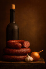 rings of homemade sausage with dusty bottle of wine on old wooden box in semi-darkness of pantry against brown adobe wall with round light gradient. simple country food. vertical rustic still life wit