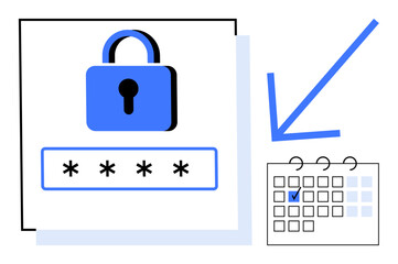 Padlock over password field paired with calendar showing a marked date. Ideal for security, data protection, scheduling, authentication, safeguarding privacy, workflow planning, flat simple metaphor