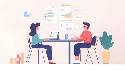 Digital illustration depicts two people seated at a table, working on laptops with charts and a plant in the background.