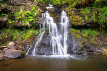 A tranquil Clamp Hole waterfall cascades gracefully over moss covered rocks, creating a serene and peaceful atmosphere within a picturesque verdant landscape of Slieve Bloom, Ireland