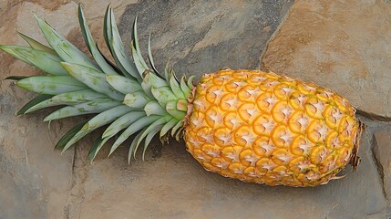 A whole pineapple with its green top on a stone surface