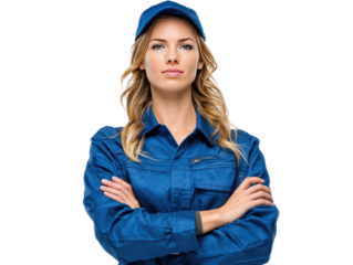 Confident Blonde Mechanic: A blonde mechanic, clad in blue overalls and a matching cap, stands confidently with arms crossed, her expression serious and determined.