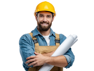 Construction worker smiling holding blueprints: A construction worker, clad in a yellow hard hat, smiles confidently, holding rolled-up blueprints, demonstrating readiness for a project in progress.
