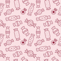 Candy seamless pattern. Repeating pink background with different candies, sweets, chocolate treats. Design for October 18 is World Candy Day. Food vector illustration for flyer, card, wrapping, paper