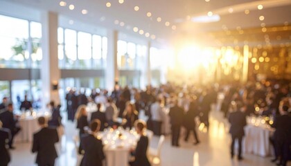 Corporate gala or banquet with attendees seated and mingling under elegant lighting, symbolizing celebration, formality, and business hospitality