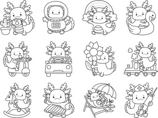 Outline of Illustration of cute axolotl activities icon.
Lineart of Funny pink axolotl in daily routine stickers.
