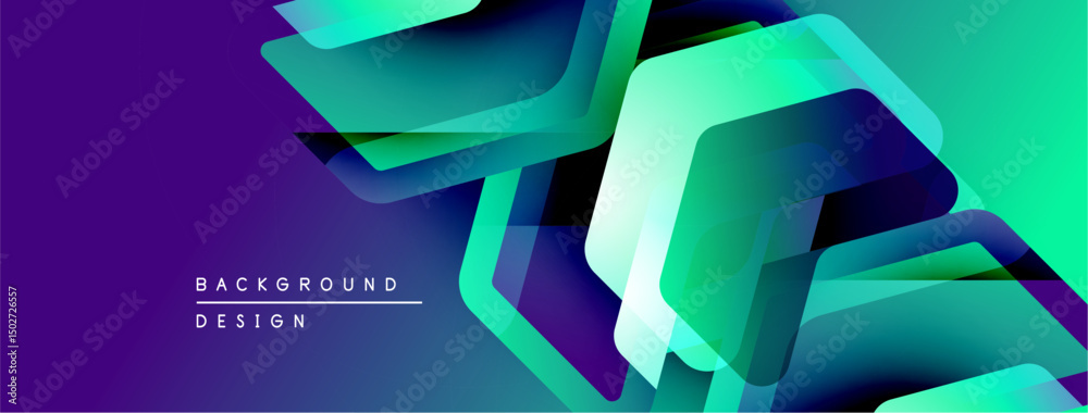Aufkleber Abstract geometric shapes overlap, creating vibrant purple, green gradients. Modern design elements suggest technology, innovation. Background features text background, design.