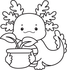 Outline of Illustration of cute axolotl activities icon.
Lineart of Funny pink axolotl in daily routine stickers.
