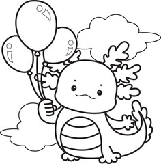 Outline of Illustration of cute axolotl activities icon.
Lineart of Funny pink axolotl in daily routine stickers.
