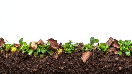 Section of Soil with Plants and Leaves on White Background