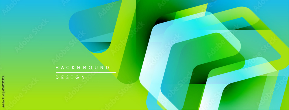Poster abstract geometric shapes overlap, creating vibrant green, blue gradient. modern design suggests tec