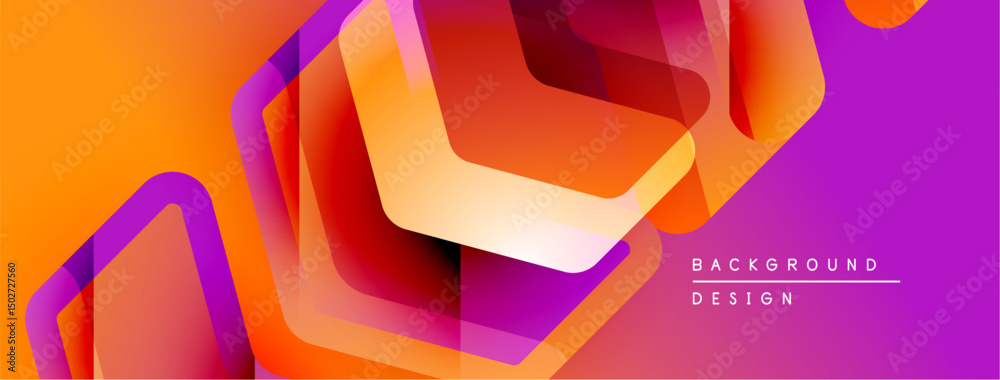 Poster abstract geometric shapes overlap, creating vibrant orange, purple gradients. modern design suggests