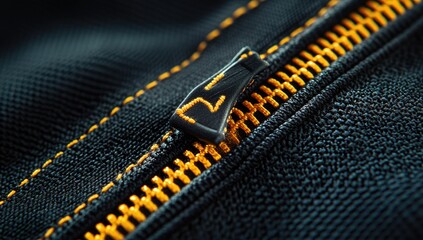 Close-up of a black zipper with gold teeth on dark fabric