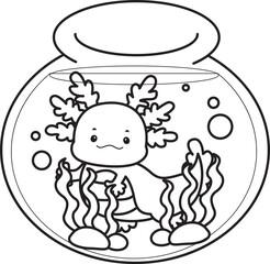 Outline of Illustration of cute axolotl activities icon.
Lineart of Funny pink axolotl in daily routine stickers.
