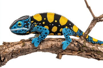 Obraz premium Blue and Yellow Chameleon on Branch, Close up Studio Shot