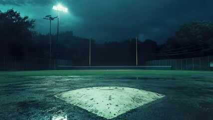 A baseball field at night with the lights on - Powered by Adobe